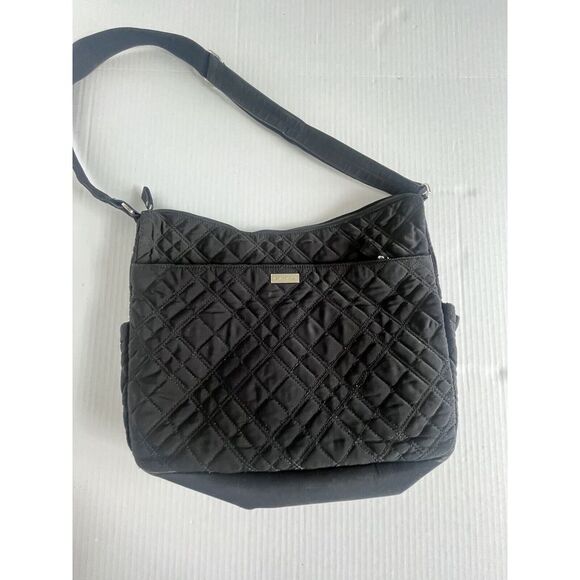 Vera Bradley Black Quilted Messenger Baby Diaper Bag/Changing Pad Zebra Lining - Picture 3 of 11